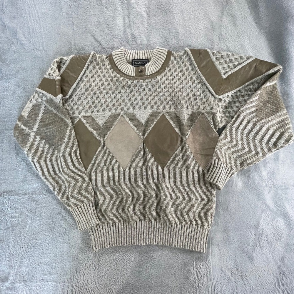 Vintage 90s Diamond Cable Knit Crewneck Sweater Neutral Taupe Size M Grandpa